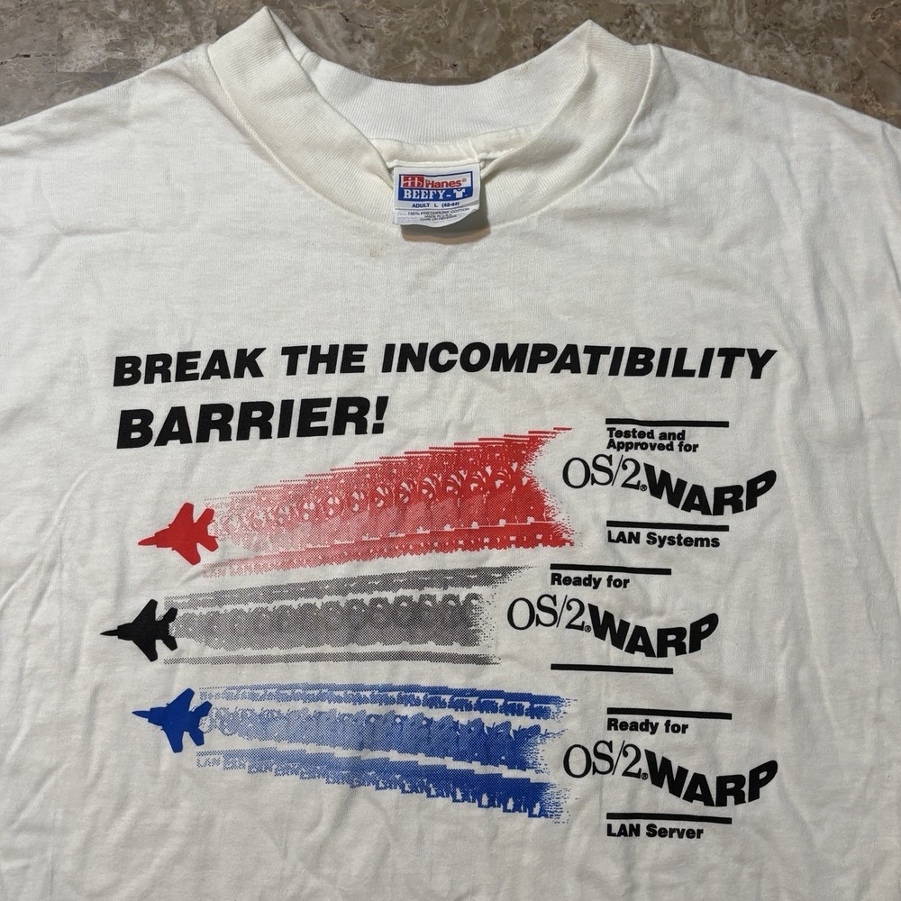 Vintage IBM Shirt Mens Large White OS/2 Warp Fighter Jets Lockheed 90s